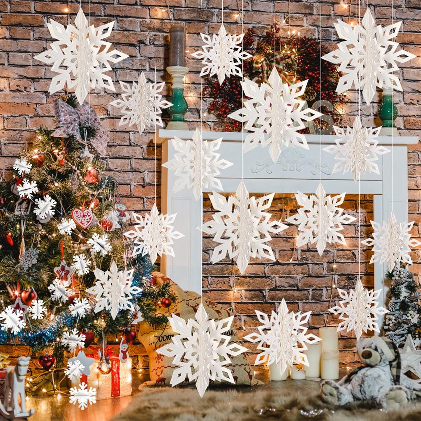 Winter Wonderland Frozen Party Snowflakes Decorations White 12pcs Hanging 3D Paper Snowflakes and Snowflake Garland for Christmas Birthday Party Decorations Supplies