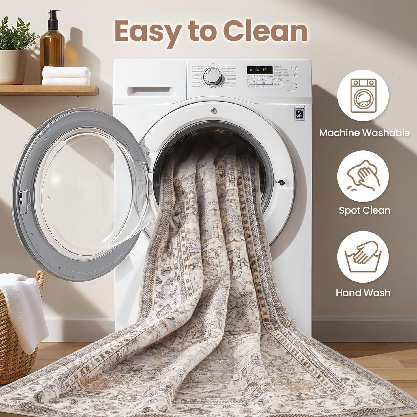 Washable Area Rugs for Living Room - 6x9 Neutral Vintage Distressed Floral Farmhouse Boho Large Soft Floor Rug Indoor Non Slip Carpet for Bedroom Dining Room Office - Grey Brown