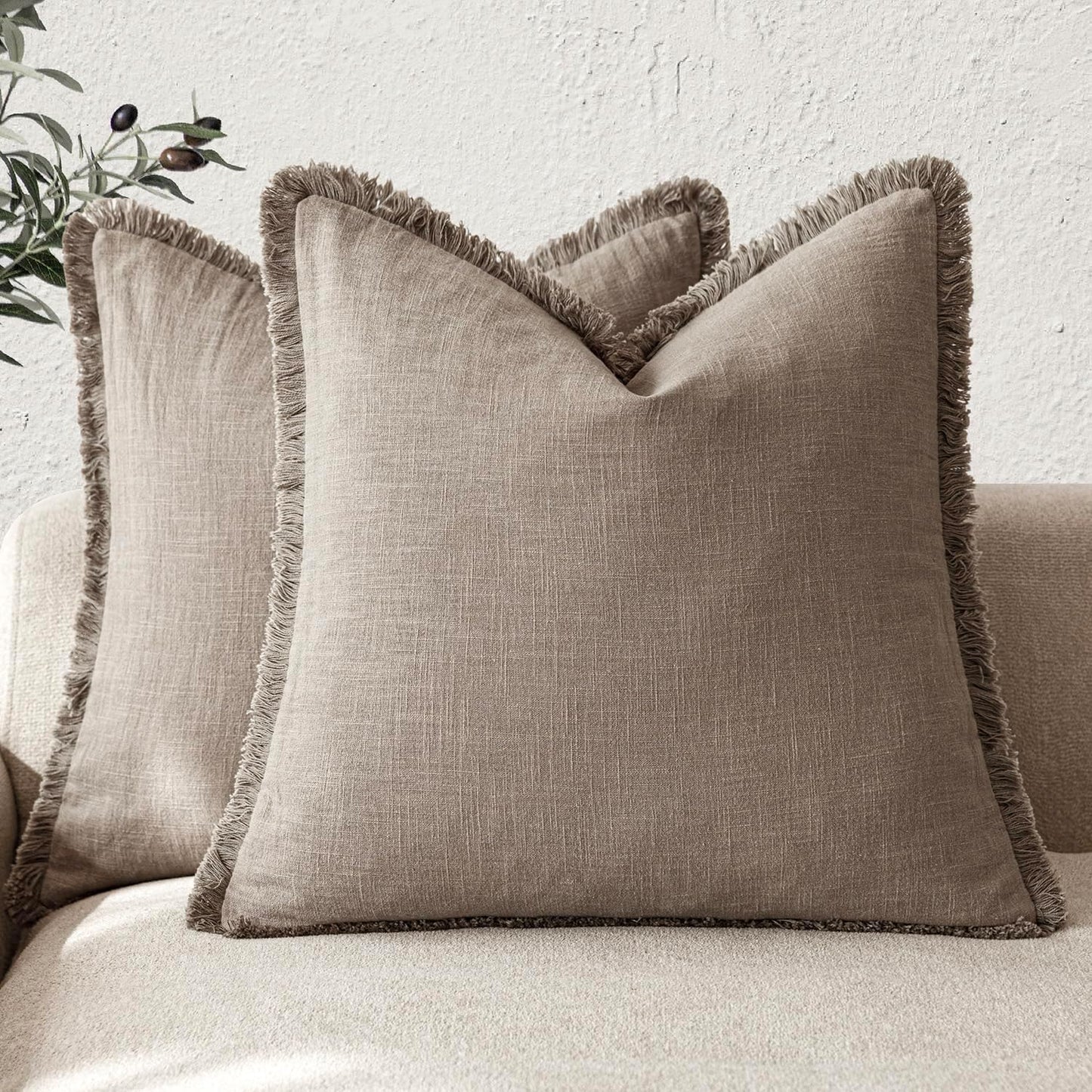 Foindtower Set of 2 Decorative Linen Fringe Throw Pillow Covers Cozy Boho Farmhouse Cushion Cover with Tassels Soft Accent Pillowcase for Couch Sofa Bed Living Room Home Decor,26×26 Inch,Brown Tan