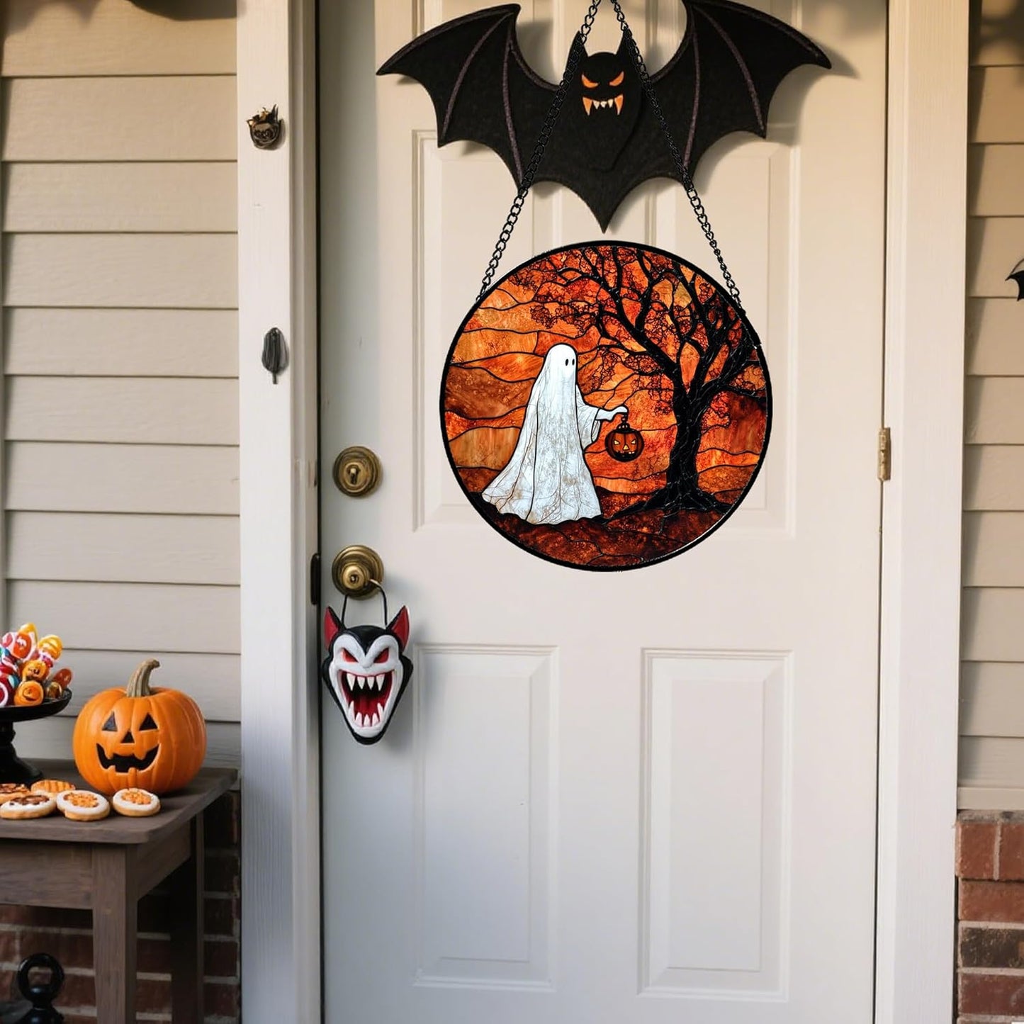 Stained Glass Window Hanging - Halloween Ghost Holding A Pumpkin Lantern Suncatcher for Door Garden Spooky Tree Sun Catchers Gothic Decorations Horror Gifts for Women Men Friend 7.8 in