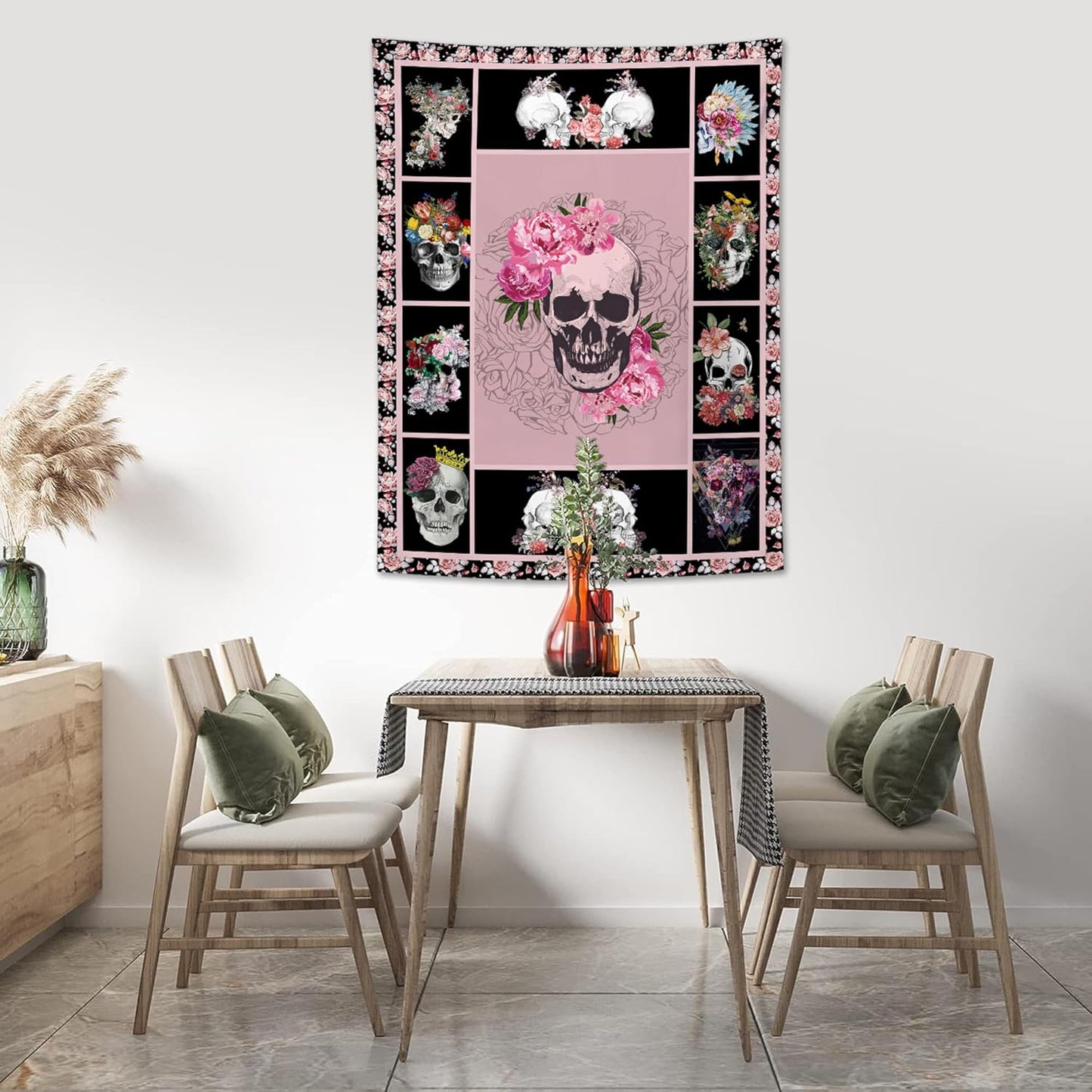 yowecso Sugar Skull Tapestry Horror Skeleton Tapestry Wall Hanging for Bedroom Rose Skull Tapestries Aesthetic Wall Decor for Home Dorm Living Room 50"x60"