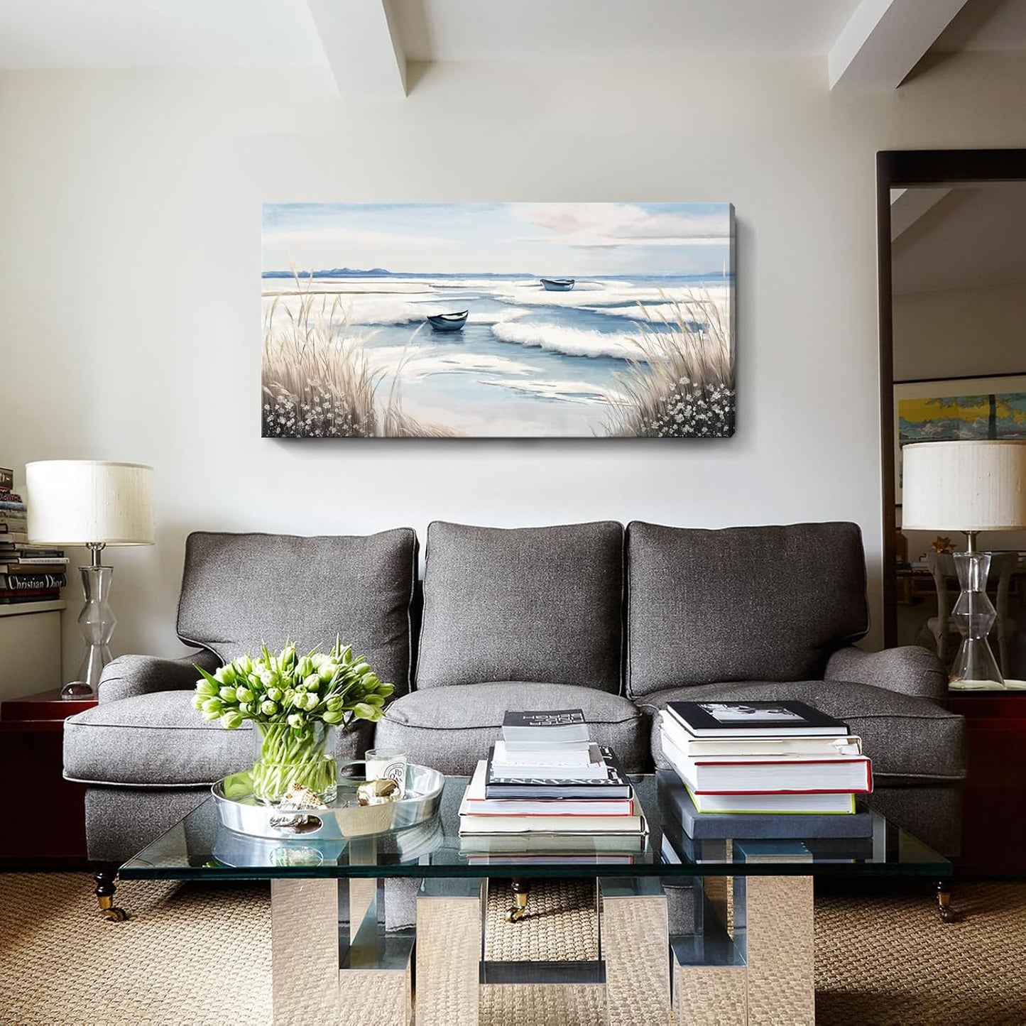 amatop Large Canvas Art Wall Decor for Bedroom Living Room –Rustic Coastal Ocean Artwork for Walls with Sailboat and Waves – Blue and White Nautical Beach Seascape Canvas Print 48x24 Inch