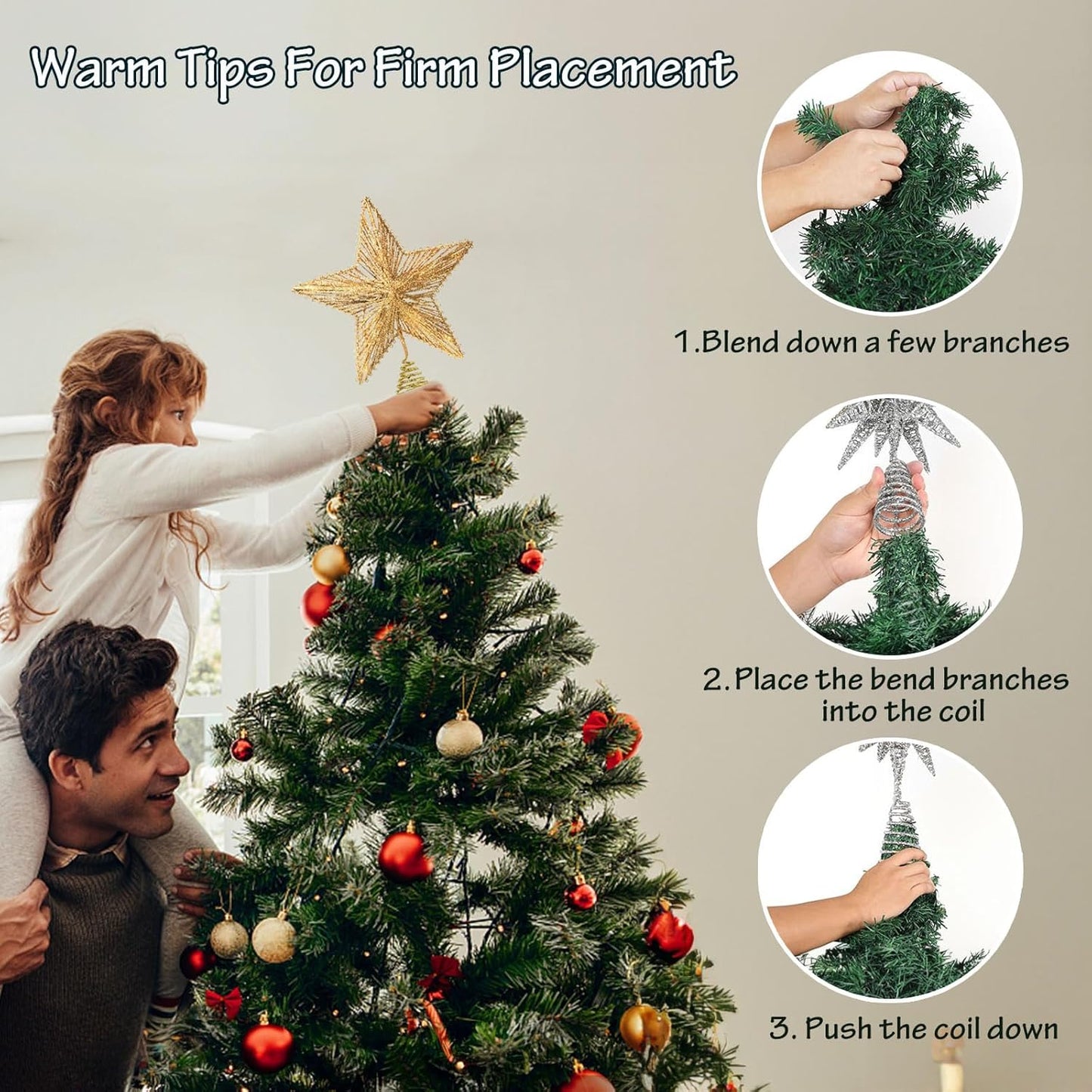 Gold Christmas Tree Topper Star with 50 Warm LED Lights 8 Lighting Modes Timer, Tradition Glitter Star Tree Topper for Christmas Tree Decorations and Xmas Holiday Seasonal Decor