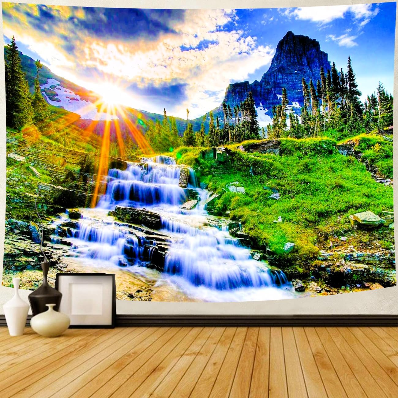 Delur Mountain Waterfall Tapestry Sunset Forest Tree Nature Landscape Tapestry Wall Hanging Tropical Sunrise Rainforest Psychedelic Scenic Headboard for Bedroom Living Room Home Decor (70.8" x 92.5")