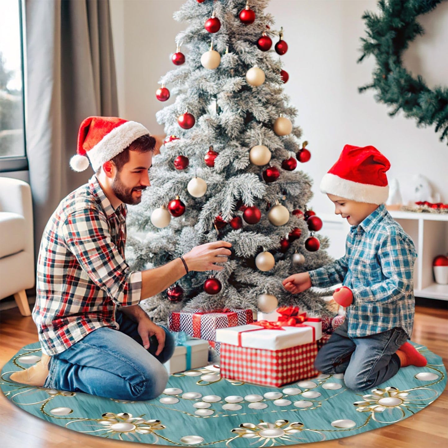 36" Christmas Tree Skirt with Elegant Aqua Pearl Christmas Angel Pattern Turquoise Tree Mat Base Cover for Xmas Festive Holiday Party Decoration Ornaments