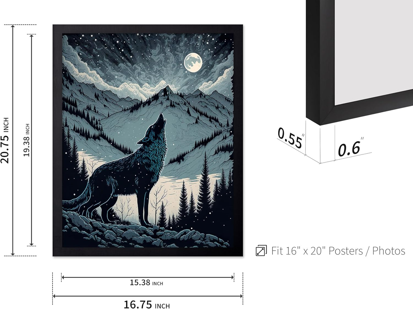Poster Master Vintage Illustration Poster - Retro Animal Print - Gift for Artist, Friend - Wolf Howling at the Moon, Mountain, Snow, Landscape - Wall Decor for Home, Office, 16x20 Black Framed