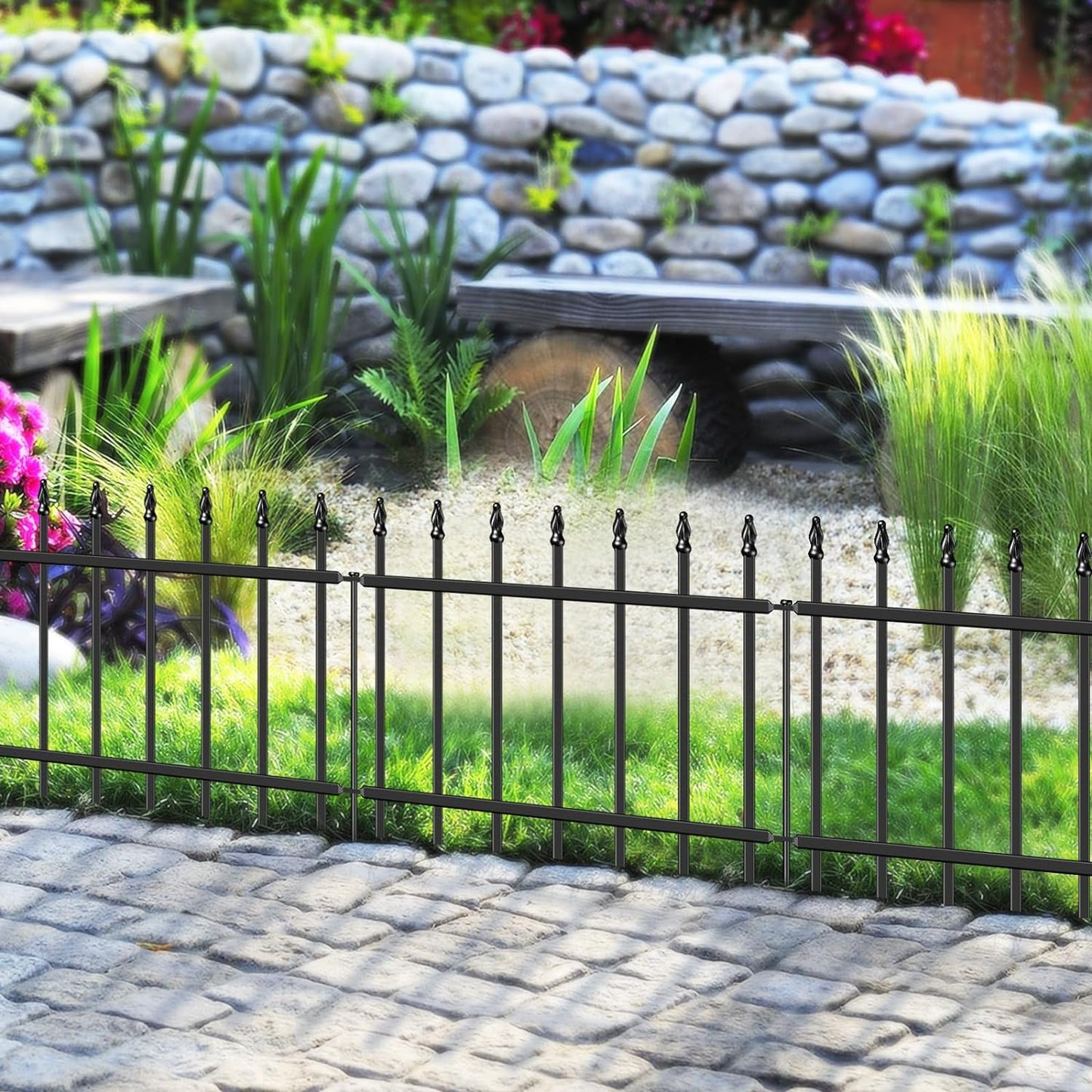 Decorative Metal Garden Fence 18 in H x 20 ft L, Small Border Fence Roman Column Deco, Garden Fencing for Yard Flower Bed Lawn Landscape Outdoor, 10 Panels + 11 Stakes Black