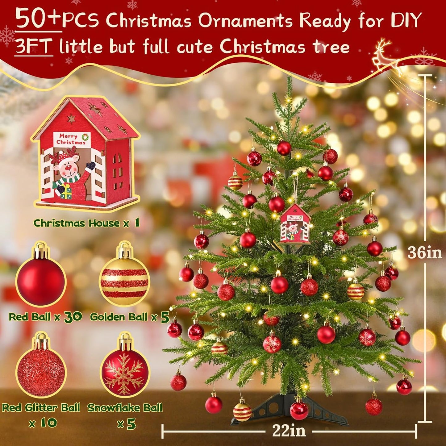 MARTINE MALL 3FT Realistic Norfolk Pine Small Christmas Tree with 50 LED String Light, Full Mini Christmas Tree Artificial Tabletop Xmas Trees with Red Hanging Ball Ornaments for Table Home Holiday