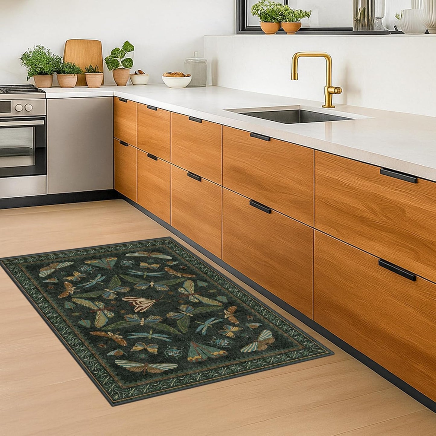 2x3 Entry Way Rugs Indoor - Dark Green Small Throw Rug for Kitchen, Bathroom, Insect Boho Design, Washable Non Slip Stain Resistant