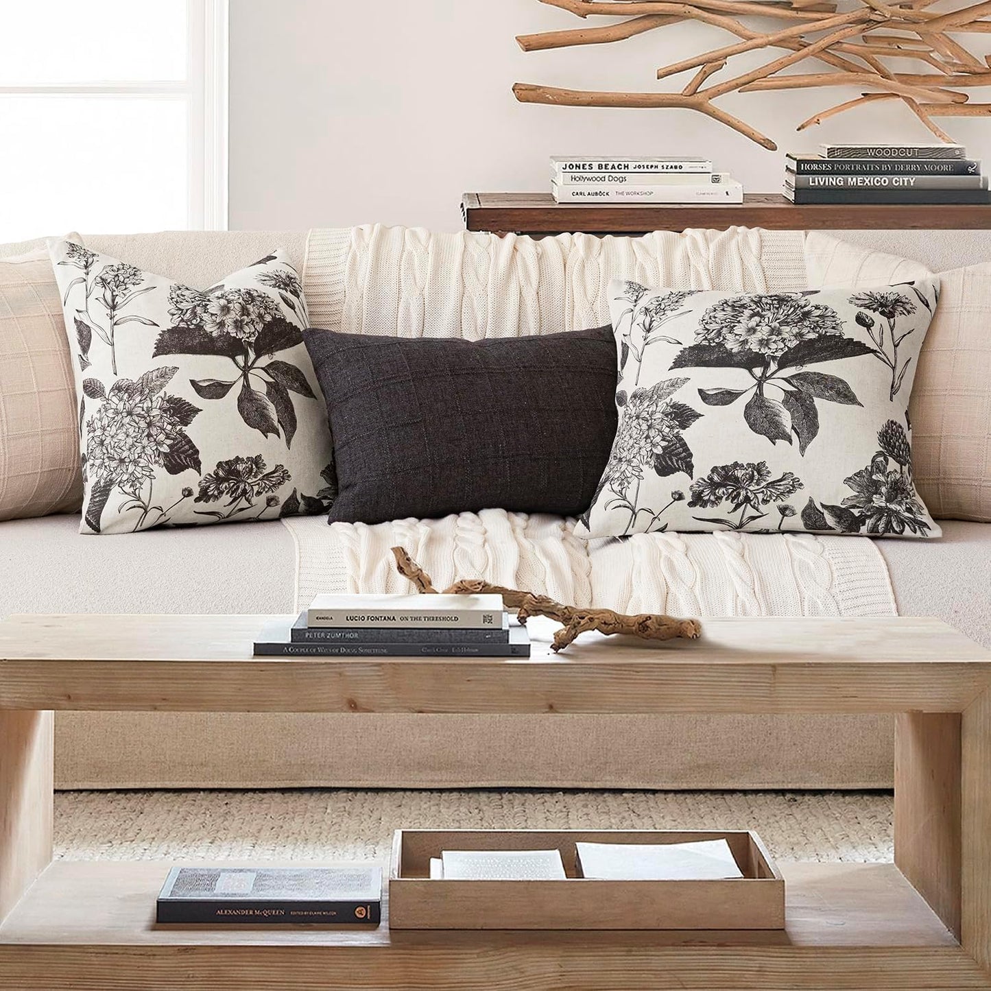 Foindtower Set of 2 Linen Floral Vintage Throw Pillow Covers Neutral Accent Print Decorative Cushion Covers Farmhouse Boho Home Decor for Sofa Chair Couch Bedroom Living Room Outdoor,22×22 Inch,Black