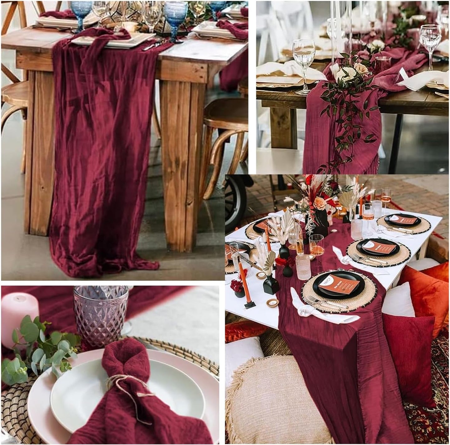 Burgundy 20 Pack Cheesecloth Table Runner 10FT Rustic Gauze Cheese Cloth Table Runner for Wedding Bridal Baby Shower Table Decor 20 x 120 Inch Long Boho Fabric Sheer Birthday Party Table Decorations