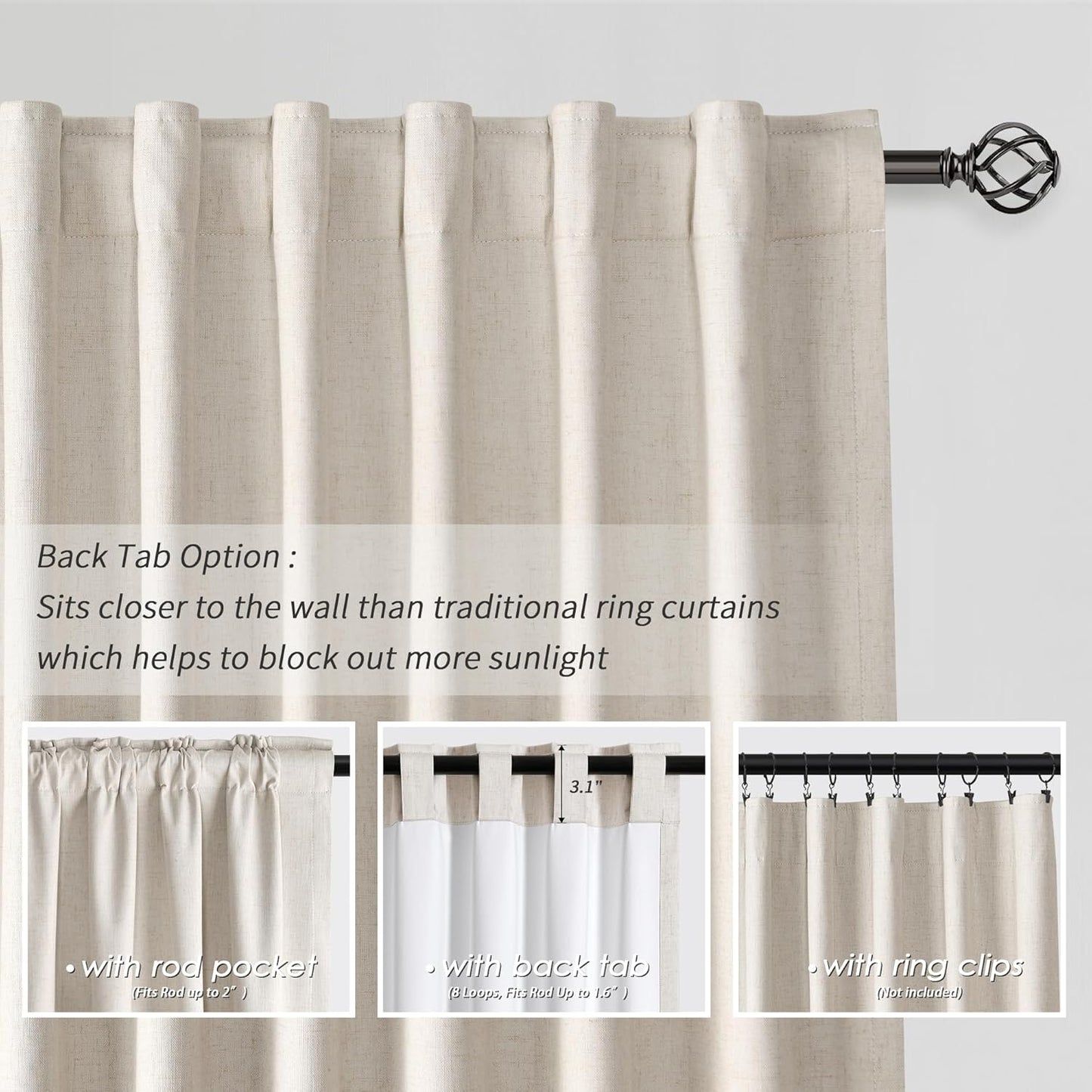 BOODII Greyish Beige 120 Inch Long Blackout Curtains for Living Room Linen Blend Back Tab Neutral Modern Room Darkening Curtains Thermal Insulated Black Out Curtain for High French Window Light Taupe