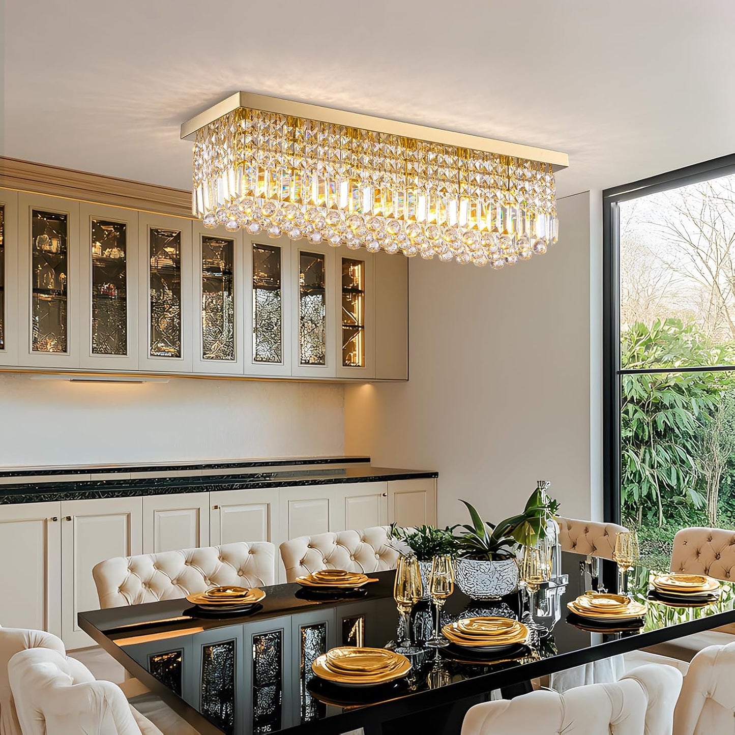 Modern Crystal Chandelier, 6 Lights Luxury Gold Rectangular Flush Mount Ceiling Light, Dining Room Light Fixture, Rectangle K9 Crystal Raindrop Chandelier for Living Room Bedroom L31.5 Inch