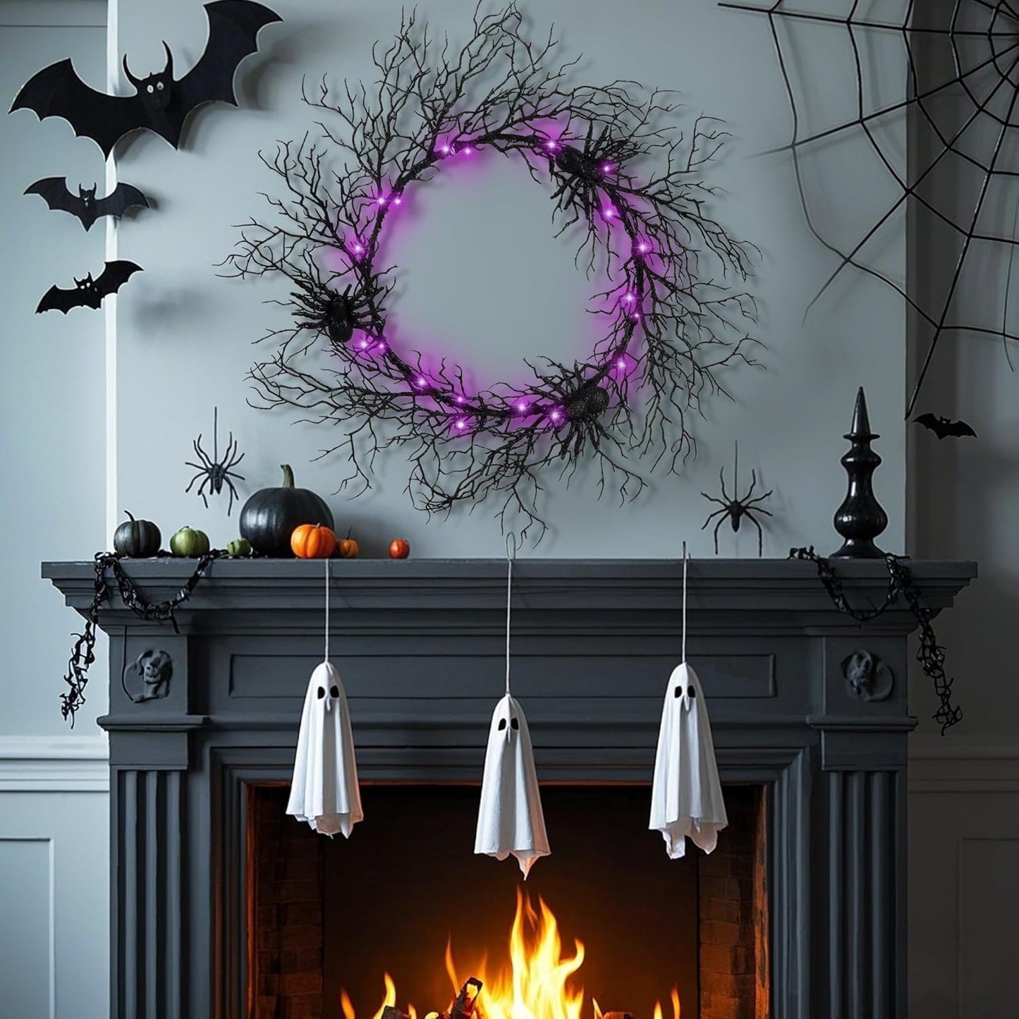 24 Inch Halloween Wreath for Front Door - Lighted Black Spider Wreath with Purple LED Lights, Outdoor/Indoor Spooky Decorations for Halloween Party, Porch, Holiday Home Decor
