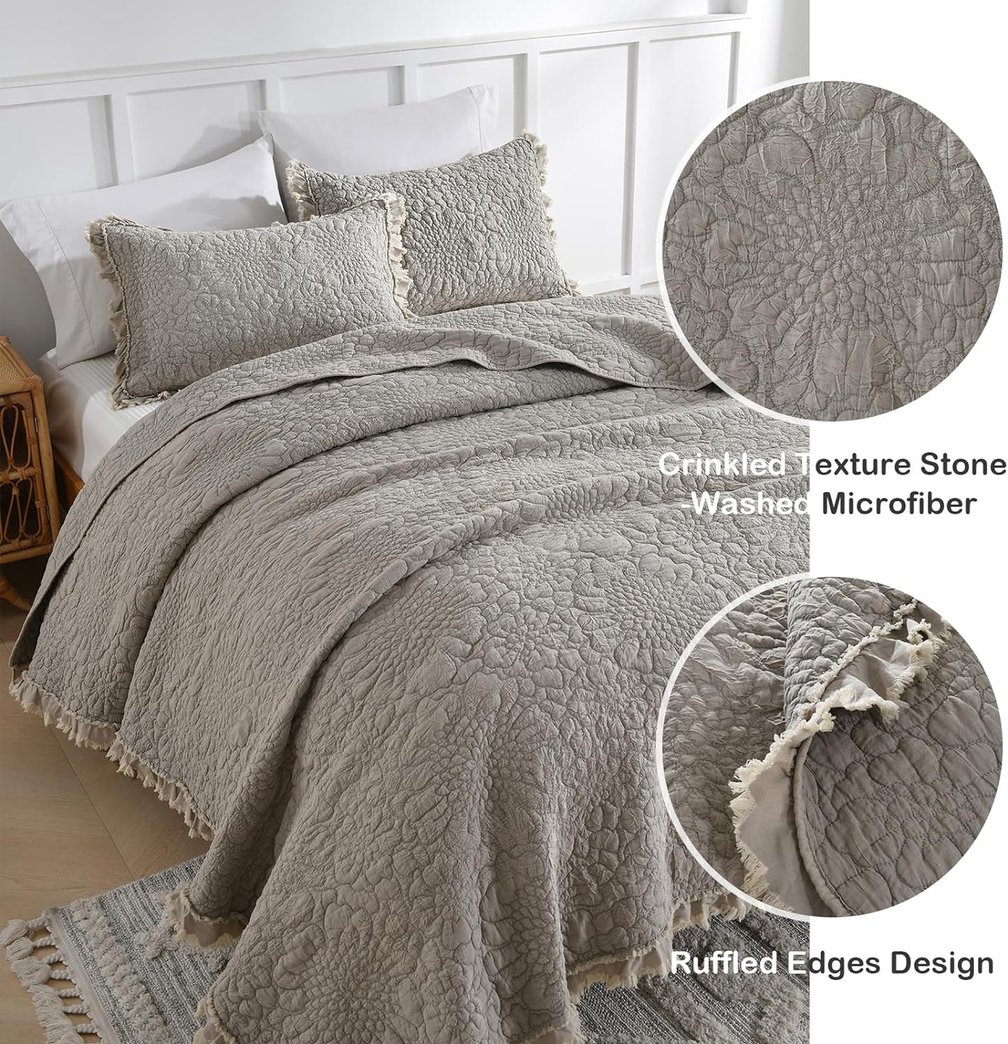 HORIMOTE HOME Beige Ruffled Quilt Queen Size, Stone-Washed Microfiber Lightweight Crinkled Farmhouse Rustic Shabby Chic Bedding Set, 3 Pieces Reversible Bedspread with Pillow Shams for All Season