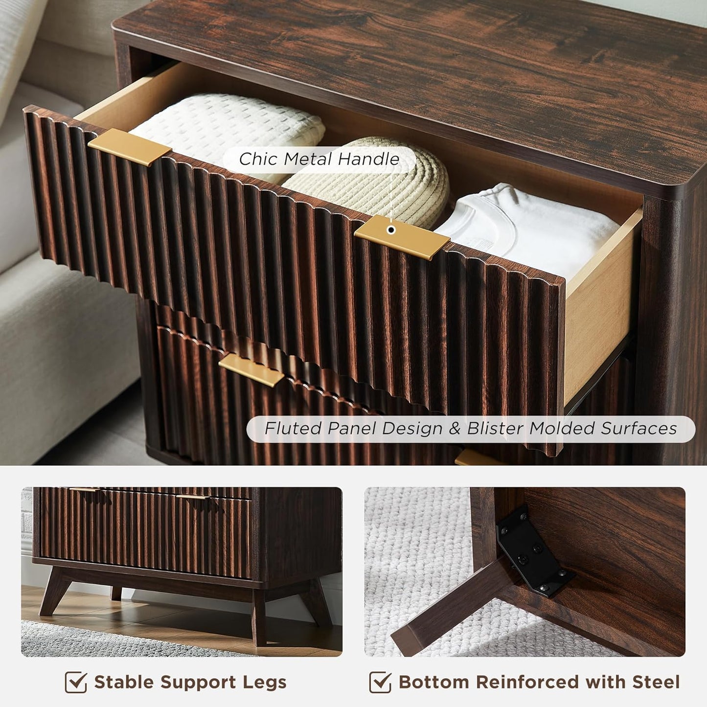 T4TREAM 32" Tall Fluted Nightstand, Modern Side Table, 3 Drawers End Table w/Storage, Bedside Table for Bedroom, Living Room, Curved Profile Design, Dark Walnut
