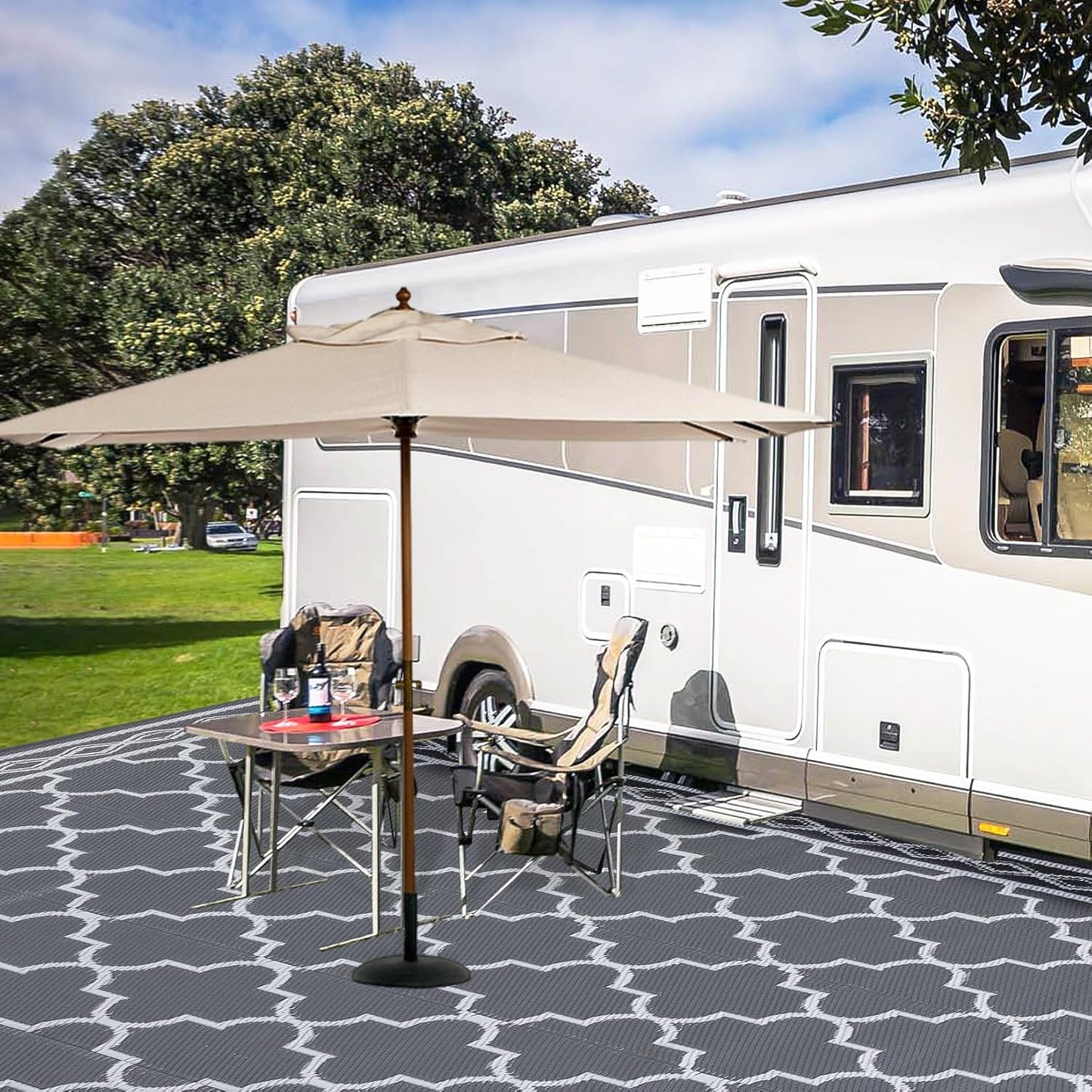 GAOMON Outdoor Rug for Patio 5'x8' Reversible Plastic Rugs Camping Mat for Outdoor, RV, Backyard, Deck, Balcony, Picnic, Beach, Grey/White(Geometric)