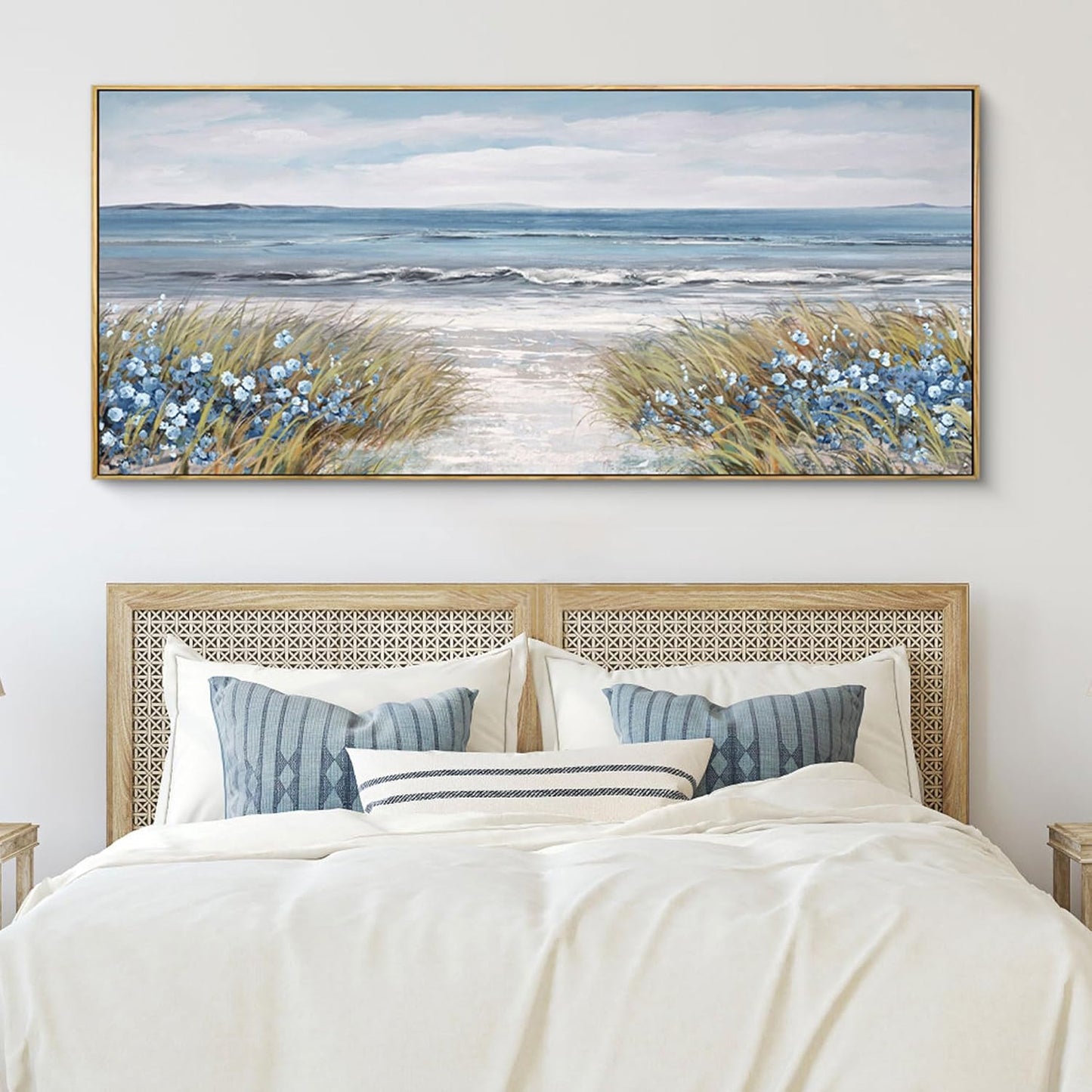 XLSJERST Extra Large Framed Wall Art for Living Room Decor - Farmhouse Boho Beach Coastal Vintage Floral Ocean Wall Picture Flowers Sea Canvas Print Artwork for Home Bedroom Office