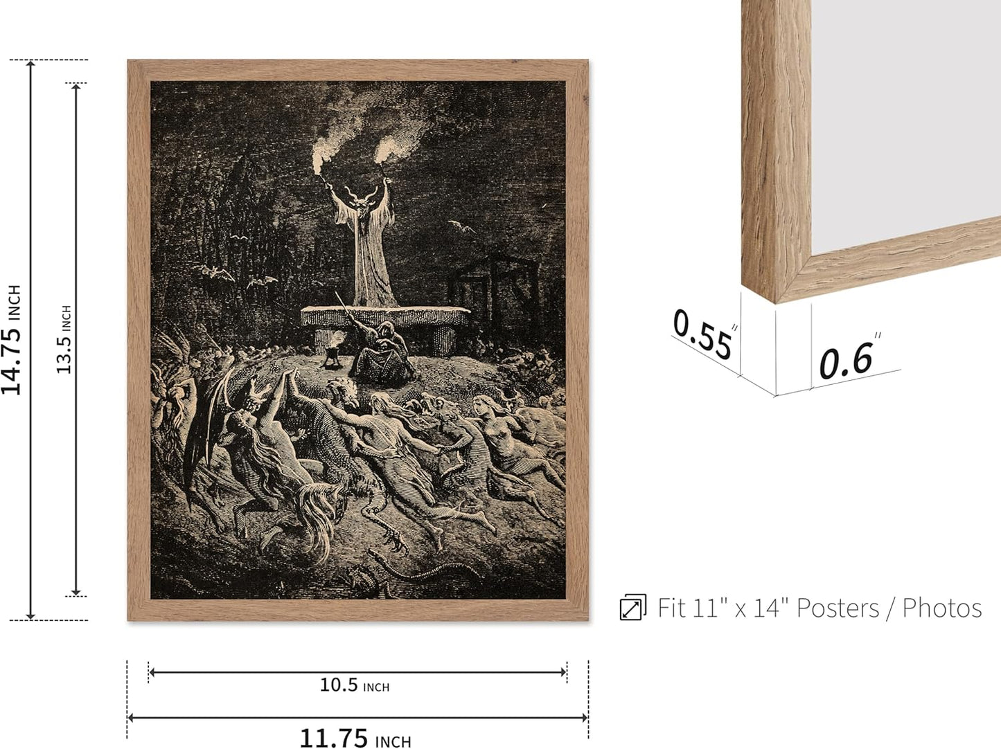 Poster Master Vintage Gustave Dore Poster - Retro Illustration Print - Gift for Gothic, Horror Fan - Dance of Sabbath, Witch, Magic, Spell - Wall Decor for Bedroom, Dorm, 11x14 Beige Framed
