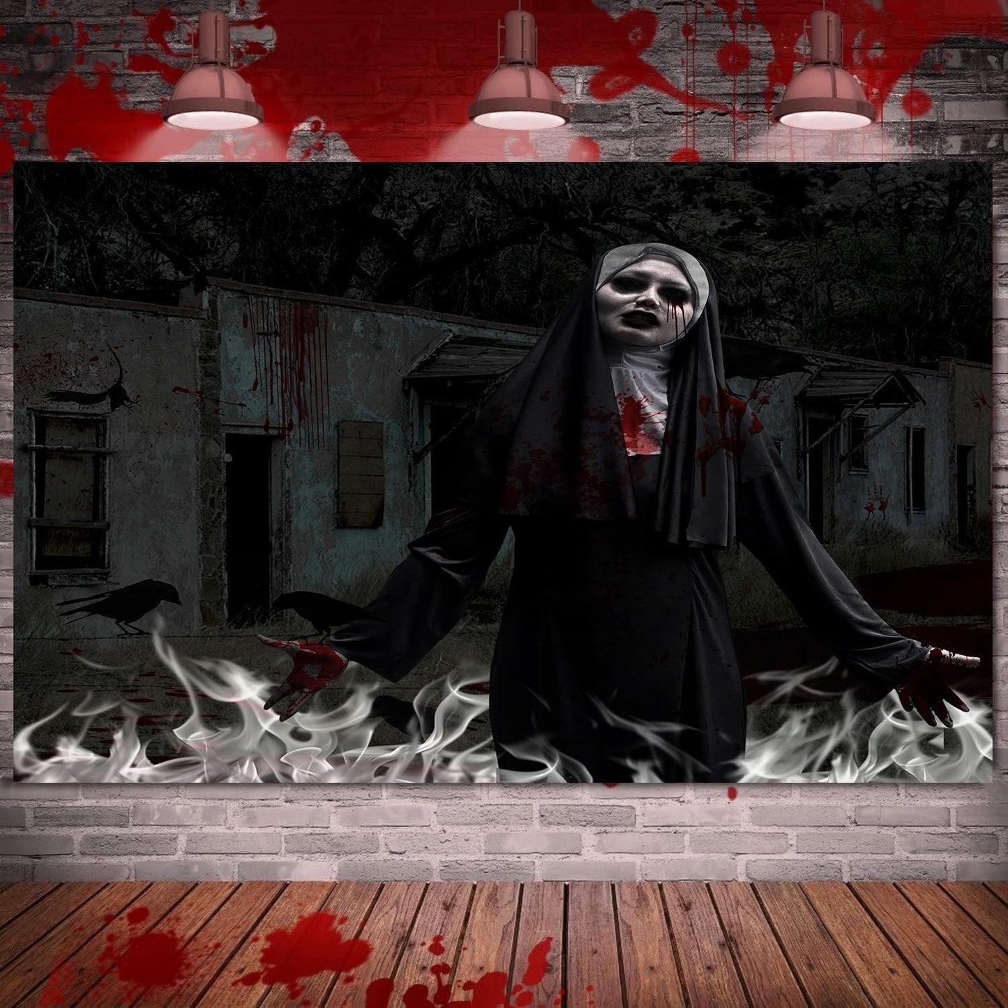 QGHOT Halloween Tapestry, Gothic Horror Movie Tapestry Wall Hanging Spooky Halloween Backdrop Creepy Scary Nun Haunted House Wall Decor for Bloody Party Decorations (90.6"x70.9")