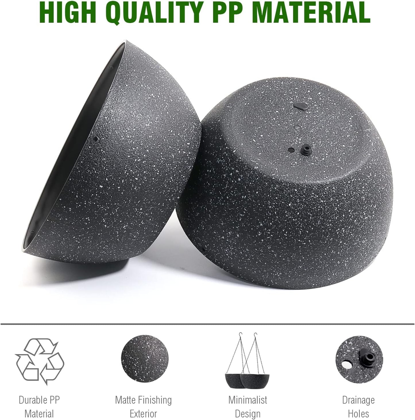 WOUSIWER 13 inch 2Pack Large Hanging Planters for Outdoor Indoor Plants with Drainage Holes and Chain, Round Hanging Flower Pots for Garden Home Porch Decor, Black Speckles