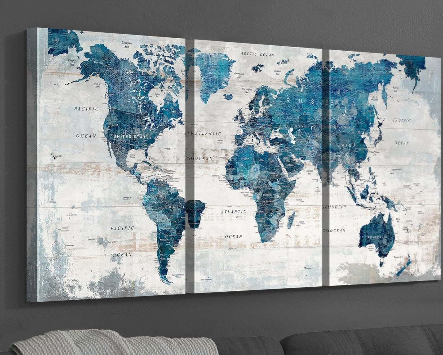 Large Wall Art Canvas Wall Decor Living Room Vintage Giant Blue Map Pictures Office Decorations Rustic Decor Travel Paintings Oversized