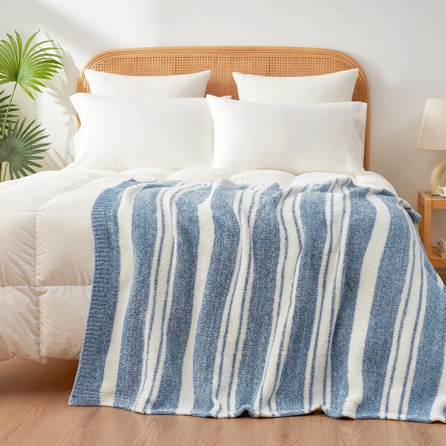 Snuggle Sac Knitted Throw Blanket for Couch, Reversible Super Soft Microfiber Blankets Warm Cozy Knit Fuzzy Plush Lightweight Throws for Sofa, Bed, Camping, Picnic, Stripe Blue, 50 x 60 inches