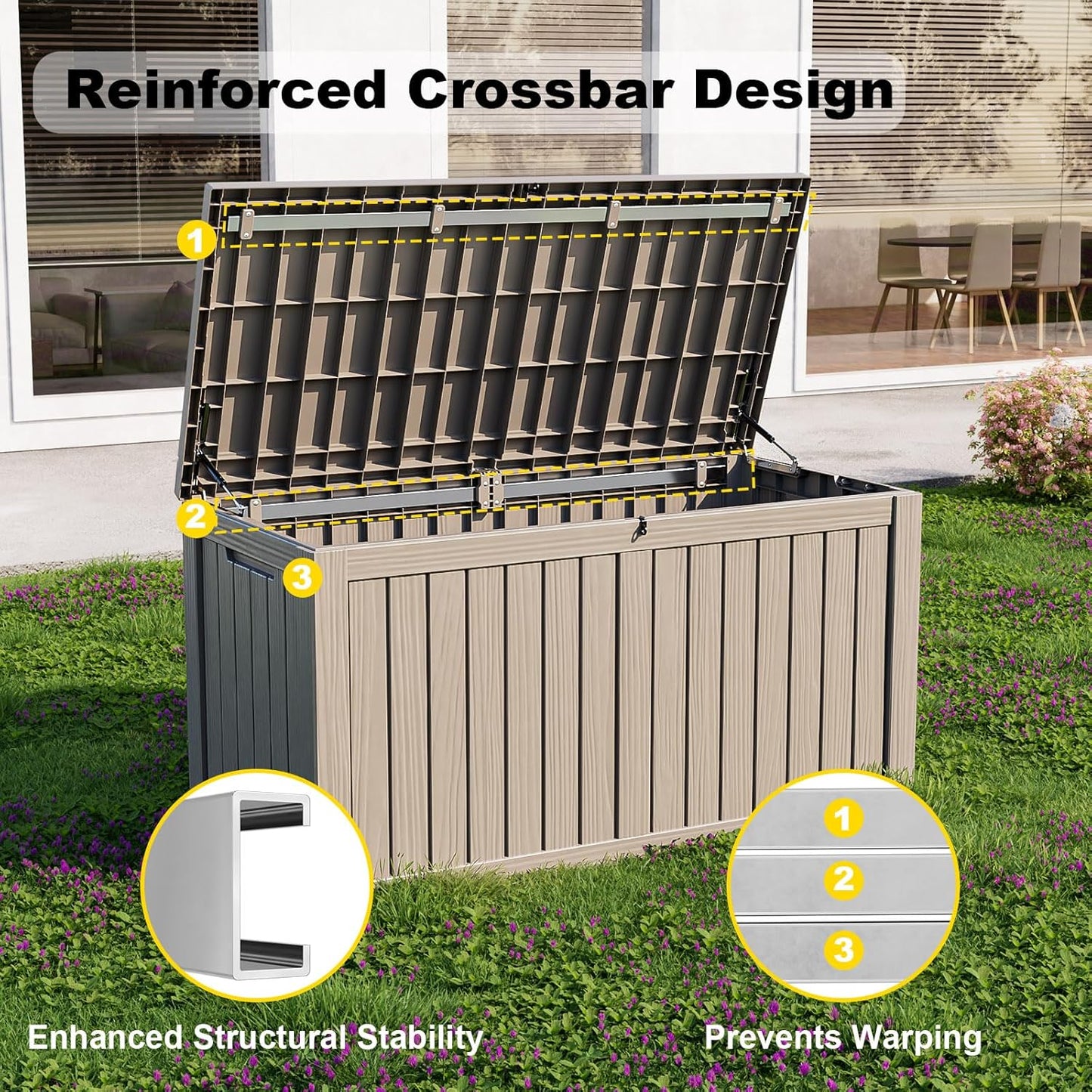 DRATO 150 Gallon Outdoor Storage Box, Large Waterproof Deck Box, Lockable Resin Storage Container with Reinforced Support for Patio Cushions, Garden Tools, UV-Resistant Outdoor Chest