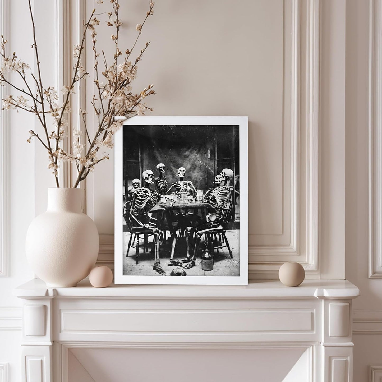 Poster Master Vintage Photograph Poster - Retro Daguerreotype Print - Gift for Artist, Friend - Skeletons Smoking at Table, Dinner Party, Goth - Wall Decor for Home, Dorm, 11x14 White Framed