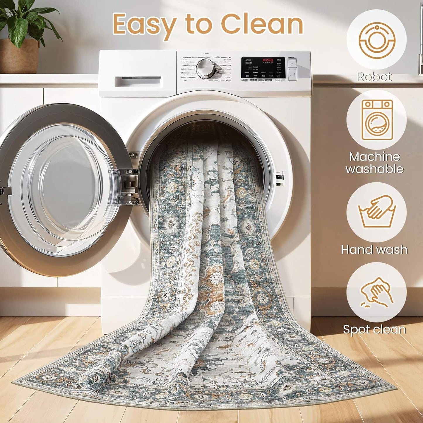 Washable Area Rugs for Living Room -9x12 Neutral Vintage Distressed Floral Farmhouse Boho Large Soft Floor Rug Indoor Non Slip Carpet for Living Room Bedroom Dining Room Office -Green/Grey