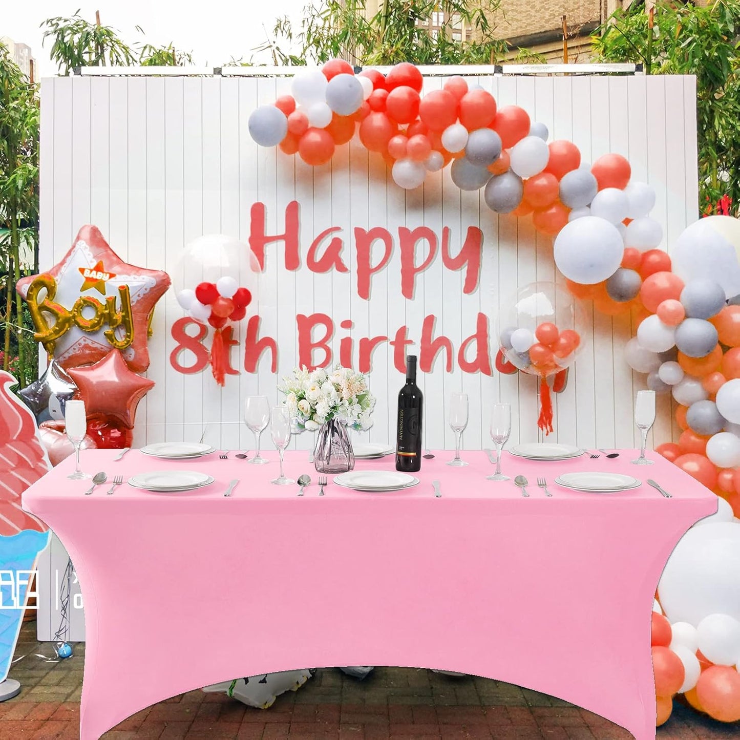 SuperO 2Pack Waterproof Spandex Table Cover for 8FT Table Universal Fitted Stretch Tablecloth for Party, Banquet, Wedding and Events-Pink