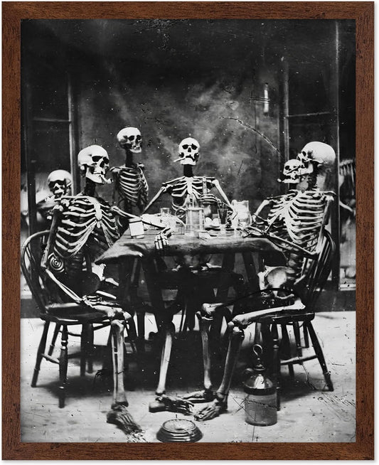 Poster Master Vintage Photograph Poster - Retro Daguerreotype Print - Gift for Artist, Friend - Skeletons Smoking at Table, Dinner Party, Goth - Wall Decor for Home, Dorm, 11x14 Brown Framed