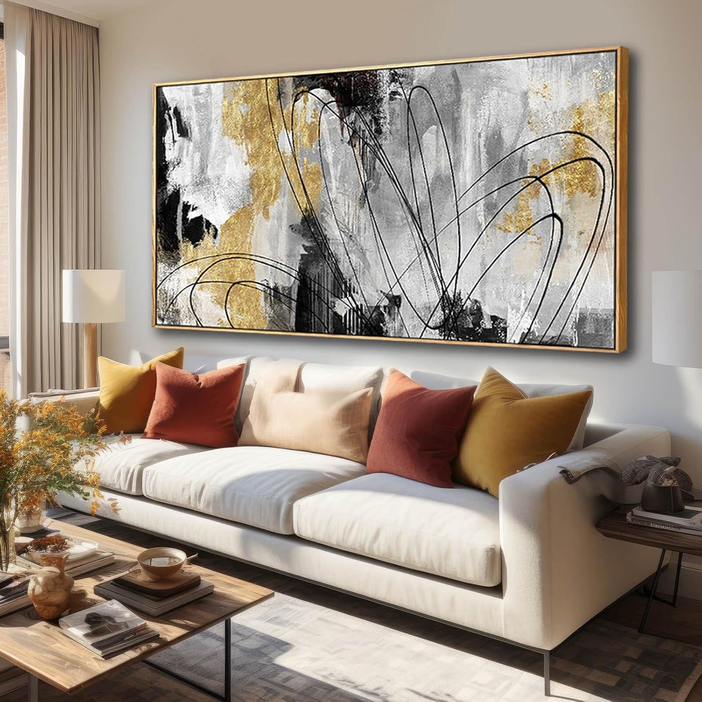 Large Canvas Wall Art Gold Abstract Paintings 29x58 Inch Wooden Framed Artwork Black Line Painting for Bedroom Bathroom Home Decor