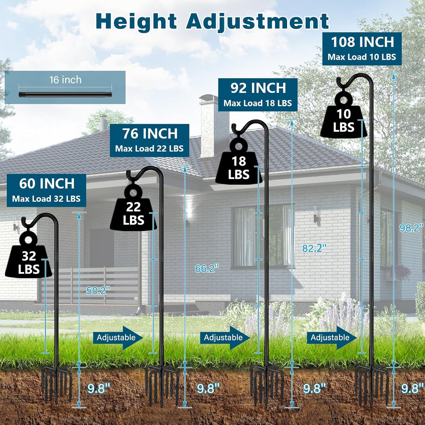 Gtongoko 2 Pack 108 Inch Tall Shepherds Hooks for Outdoor Bird Feeders, Heavy Duty Bird Feeder Pole Stand, Adjustable Hanger for Plant, Lights, Lanterns Wedding Decor with 7 Prongs Base