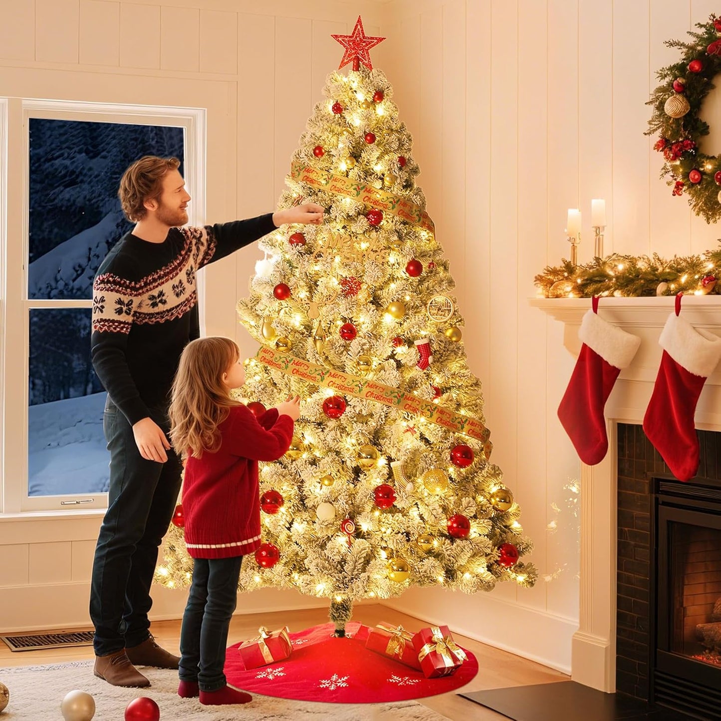 GarveeHome 9ft Prelit Artificial Christmas Tree with Warm White Lights, Snow Flocked Full Xmas Tree with 1800 Branch Tips, 900 LED Lights & Foldable Stand, Green & White Christmas Decorations