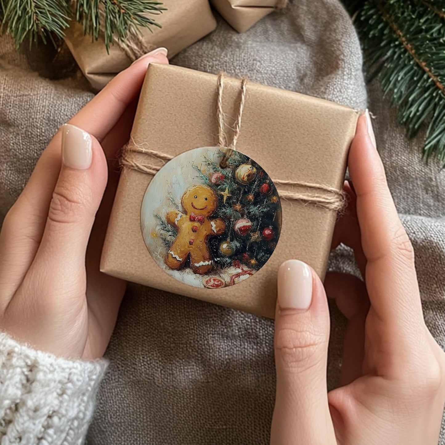 Vintage Christmas Gingerbread Ceramic Ornament Gifts, Retro Winter Christmas Gingerbread Decorative Hanging Ornaments for Xmas Tree Holiday Party Decoration, Winter Xmas Tree Decorations