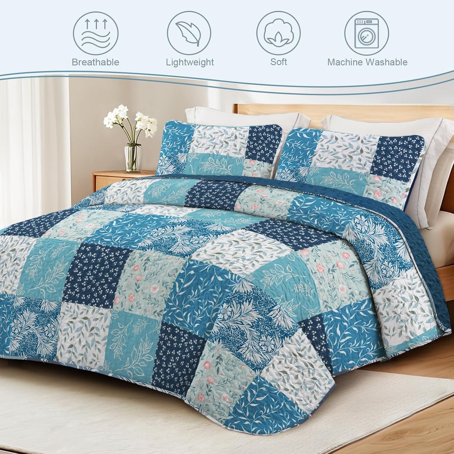 Exclusivo Mezcla Reversible Boho Quilt Set King Size, 3 Pieces Patchwork Navy Blue All Season Bedspreads, Ultra Soft Floral Coverlet Bedding Set with Printed Pattern (1 Quilt, 2 Pillow Shams)