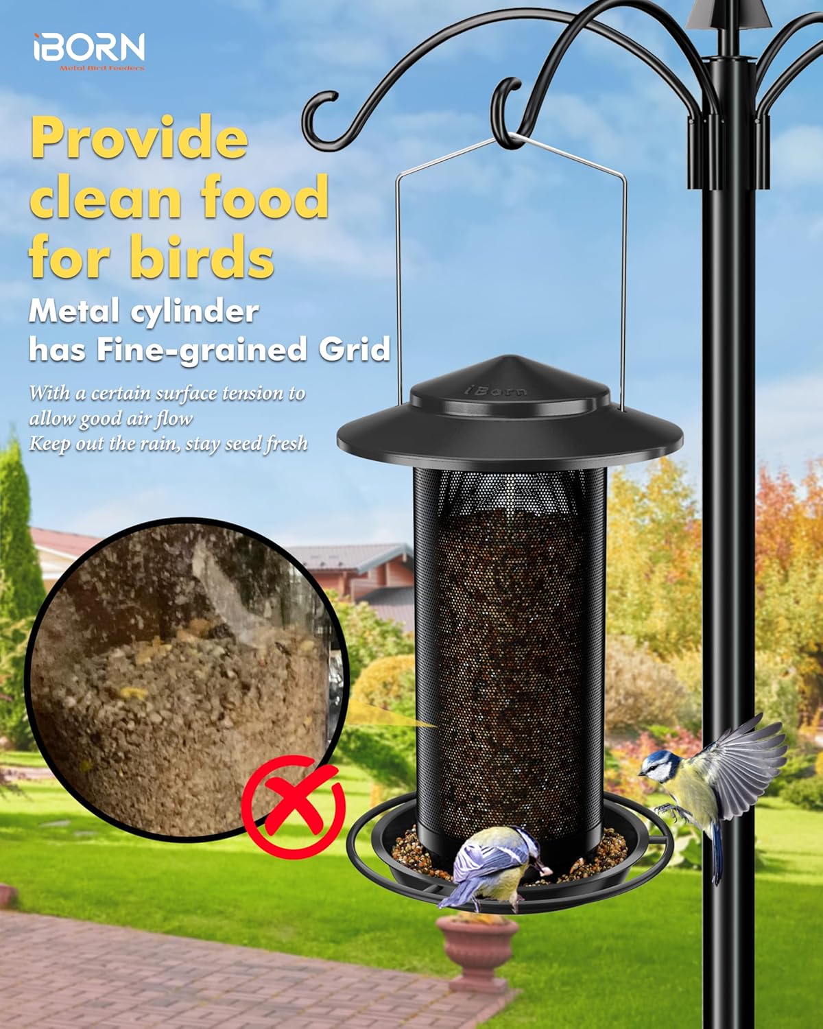 iBorn Bird Feeders for Outdoors, All Metal Mesh Tube, Holding Bird Seed for Outside Feeders,18cm Large Roof, Black, 2.8lb(Seed is not Included)