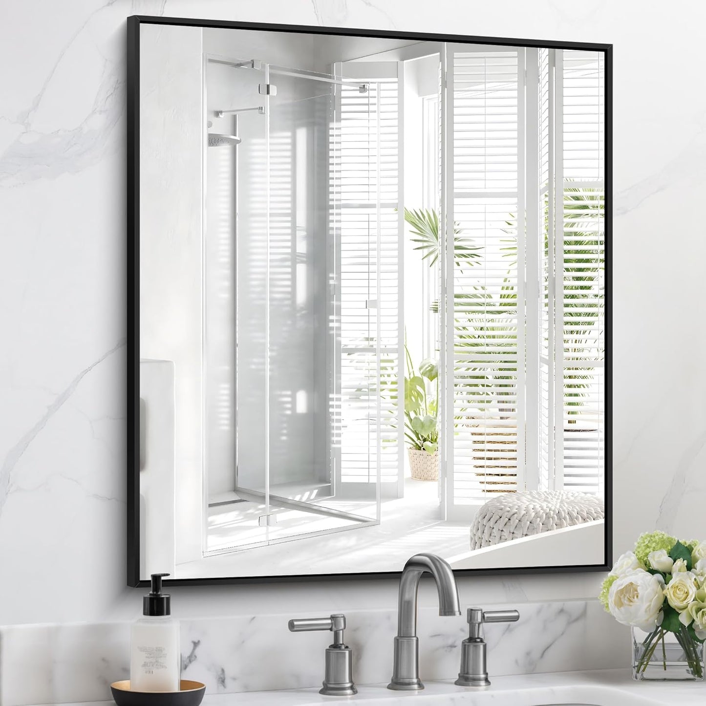 Black Bathroom Mirror for Wall, 30x36 Inch Rectangle With Metal Frame, Modern Vanity for Bathroom Living Room, Entryway Hangs Horizontal or Vertical