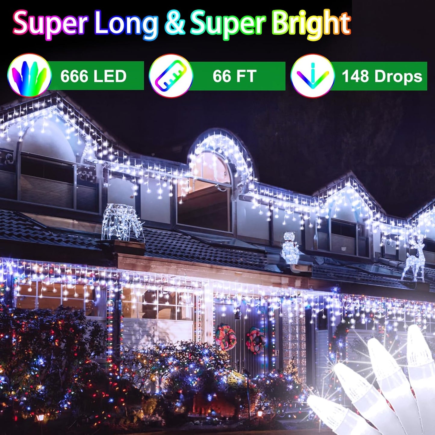 66FT 666 LED Outdoor Christmas Lights - 148 Ice Drops, 12 Pro Modes with Timer Memory & Brightness, Waterproof Hanging Ice String Light for Holiday Wedding Garden Fence House Decor (Cool White)