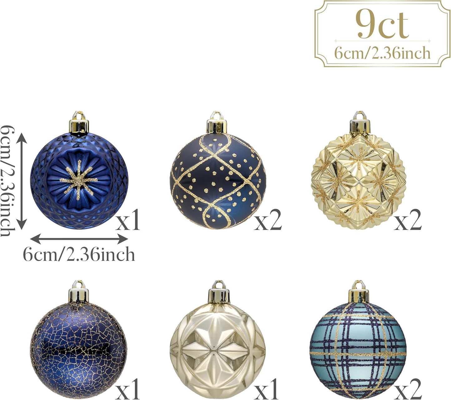 Valery Madelyn Ornaments for Christmas Trees, 9ct 2.36 Inches Blue and Gold Shatterproof Christmas Tree Decorations, Luxury Hanging Ball Ornaments for Xmas Holiday Party Decor
