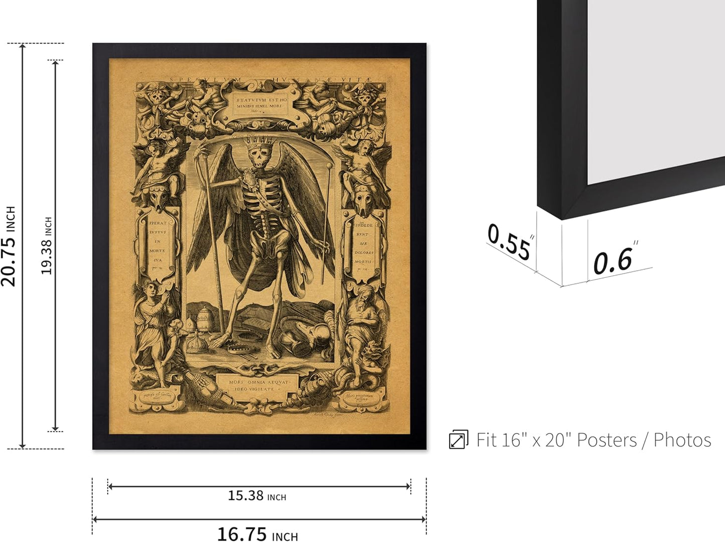 Poster Master Vintage Medieval Poster - Retro Gothic Print - Gift for Artist, Friend - Angel of Death, Memento Mori, Life, Skeleton, Dark - Wall Decor for Home, Living Room, 16x20 Black Framed