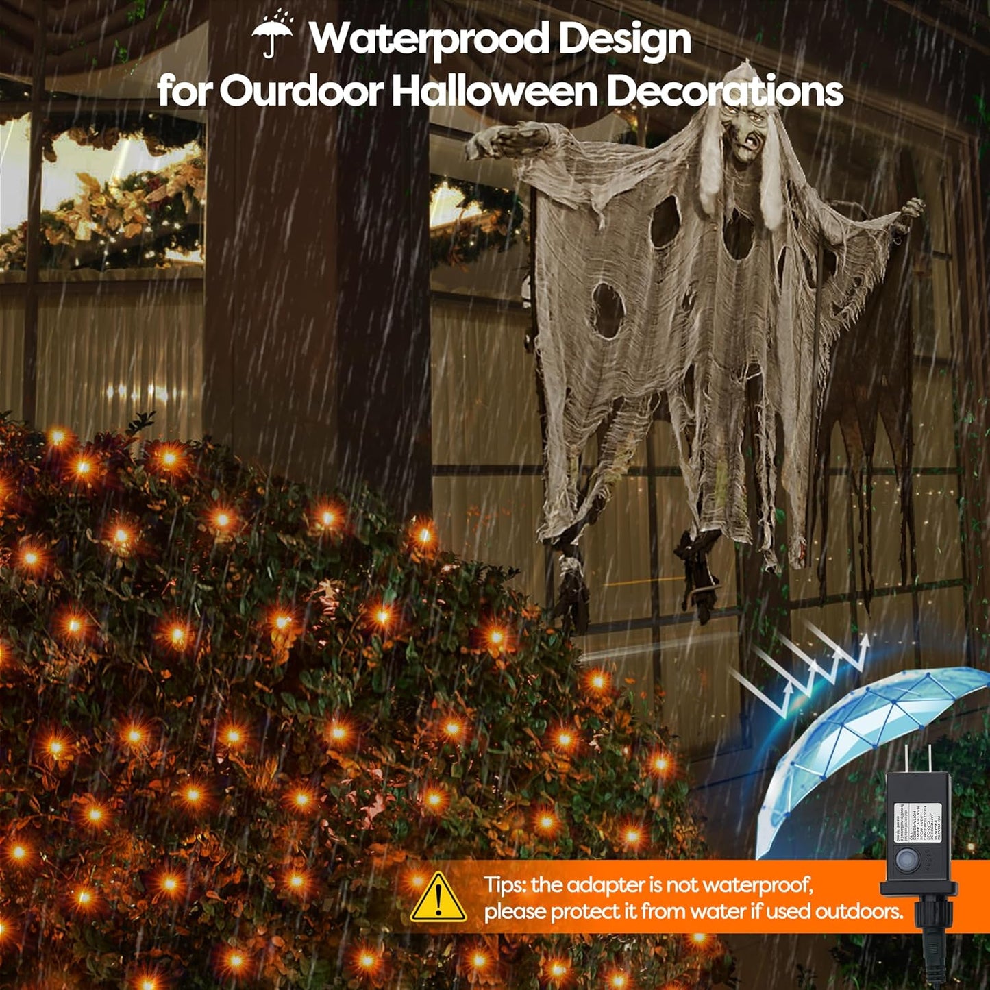 WBao Halloween Lights Outdoor 200LED F8 Big Bulbs, 8.4ft x 5.2ft Halloween Net Lights with 8 Modes, Timer, Connectable, Waterproof & Dark Green Wire for Lawn, Bushes, Trees Outdoor Decorations, Orange