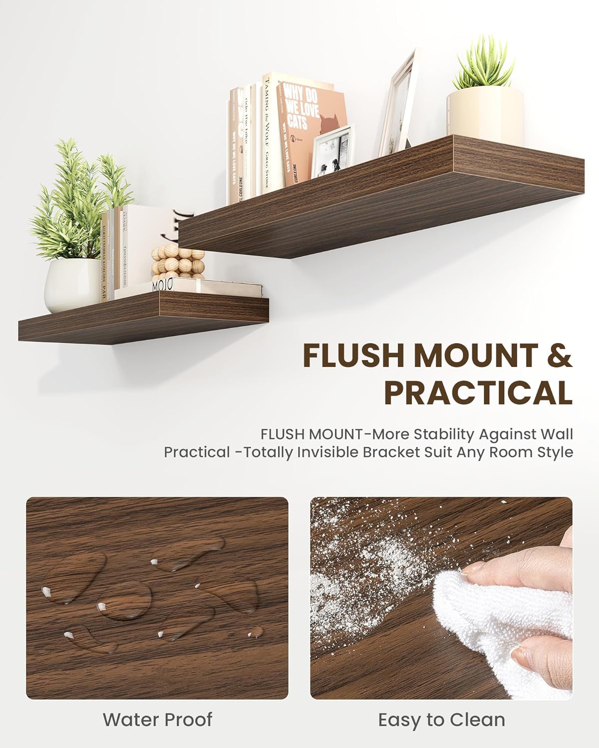 Marsmiles 48" Floating Shelves for Wall, Wooden Shelves with Invisible Brackets Set of 2, Rustic Farmhouse Wall Mounted Shelf for Kitchen Bathroom Living Room Study, Walnut