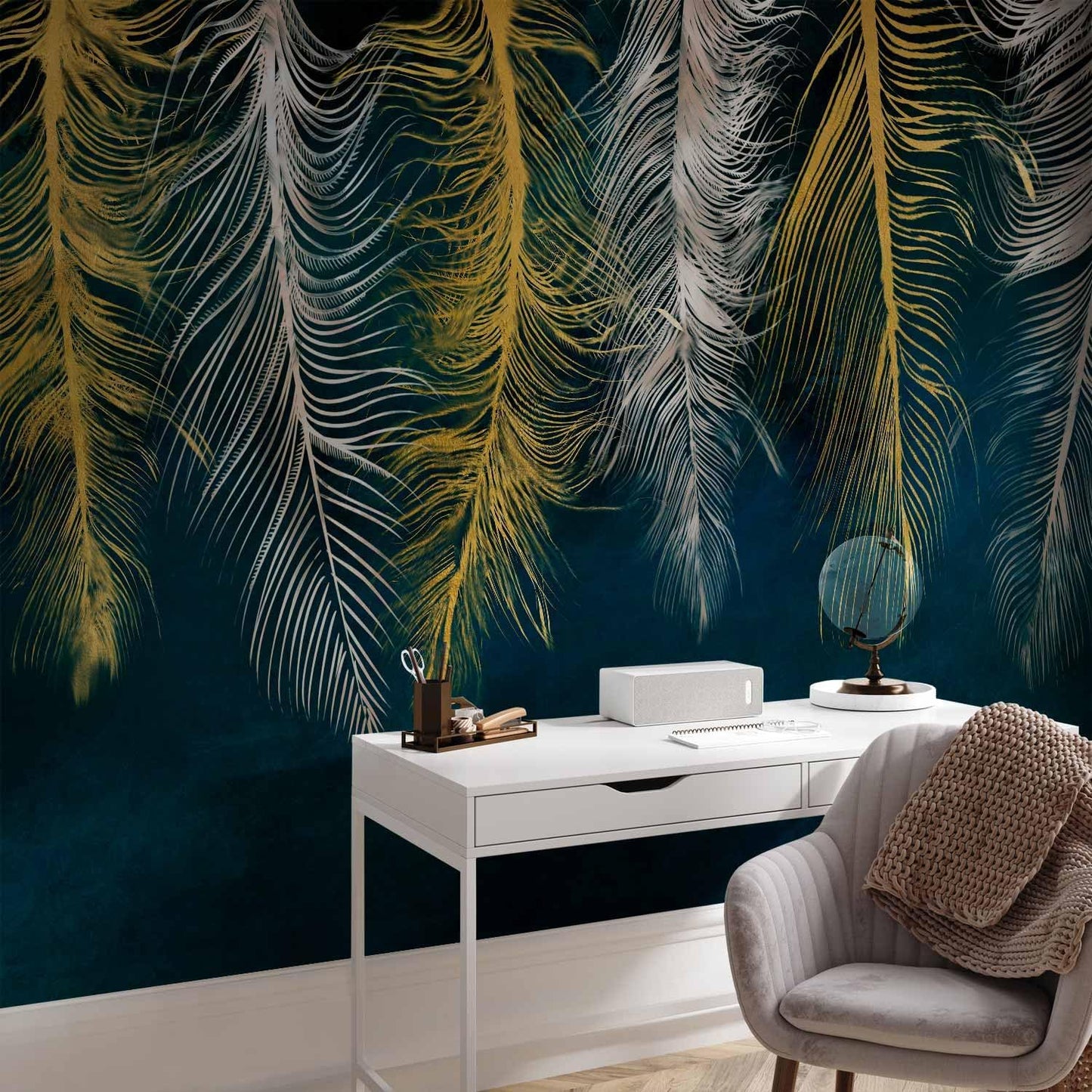 artgeist Premium Wall Mural Feather 197x138 in - Non-Woven Wallpaper Fleece Wall Decor Photo Print Picture Image Design Landscape Abstract Beige Navy Blue b-A-0812-a-a