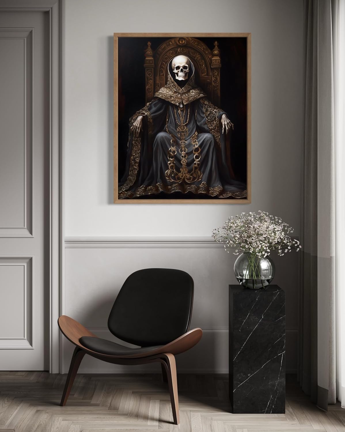 Skull King Poster Art Print, Halloween Scary Vintage Wall Art Academia Spooky Painting Decoration for Horror Prints, Gothic Posters Bedroom Decor 89 (Skull King 1, 16 x 20 inches, Wood Frame)