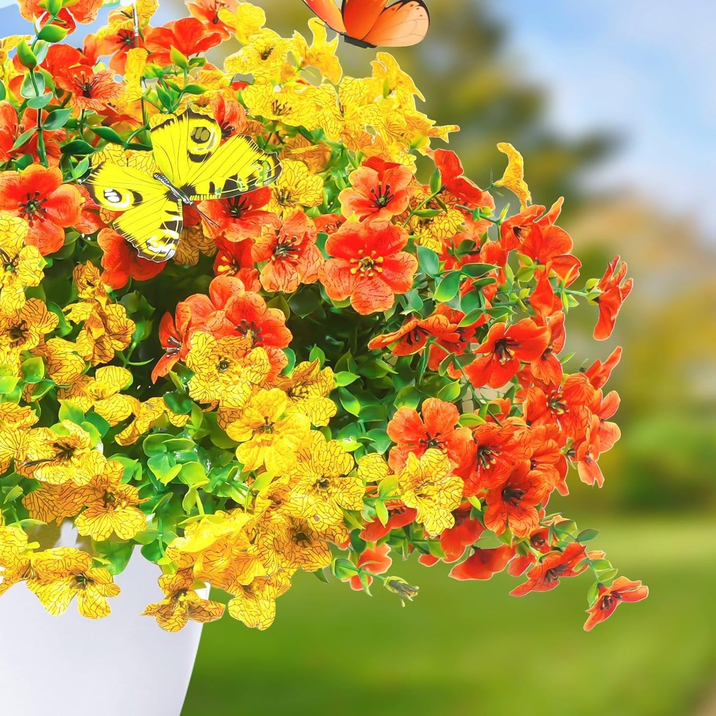 ‌20 Bundles Artificial Flowers for Outdoors‌ with 6 Faux Butterflies, UV Resistant ‌Fake Flowers‌ with Eucalyptus Leaves, ‌Artificial Plants Outdoor‌ for Patio Garden Porch Home Decor (Orange Yellow)
