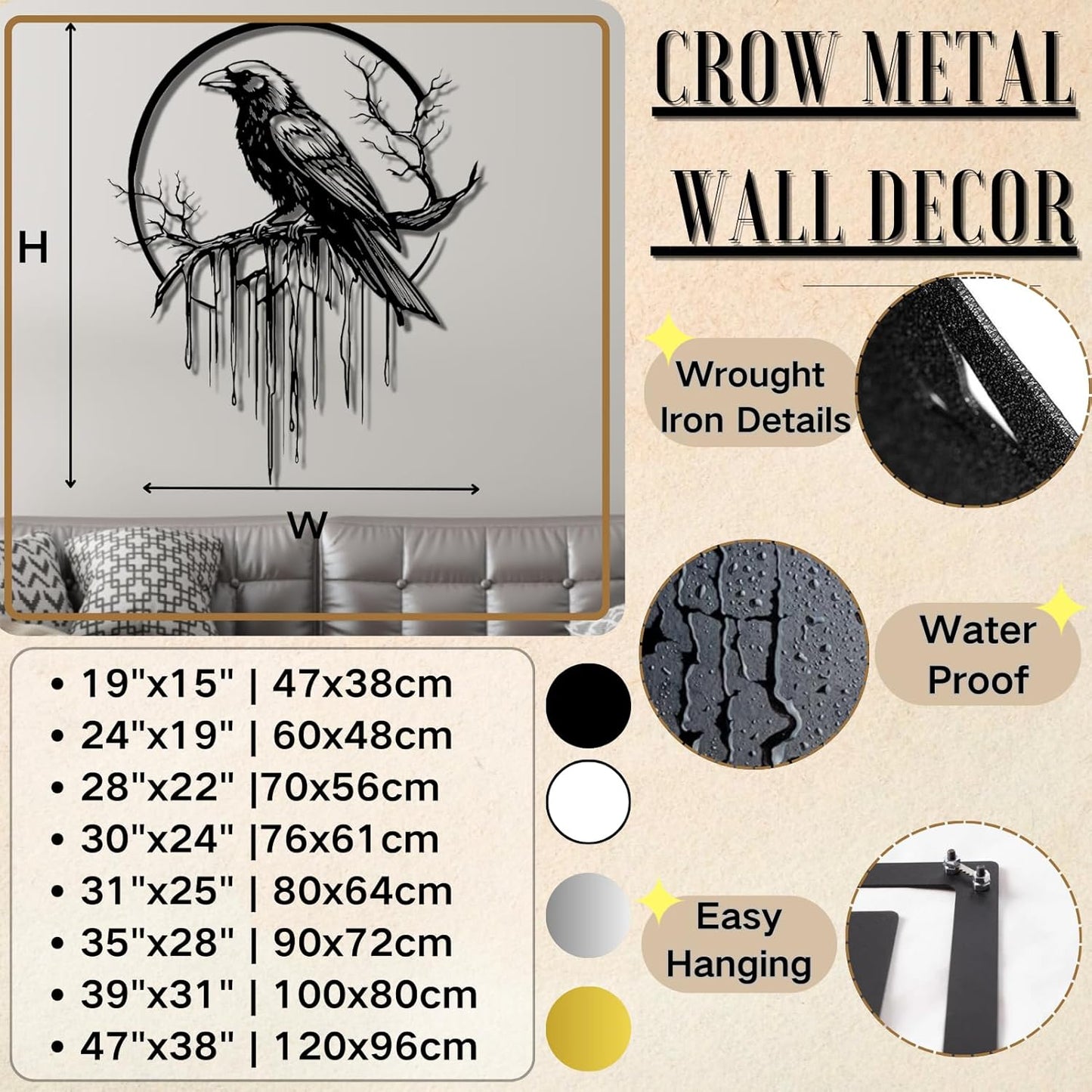 Crow Metal Wall Decor, Raven Wall Art, Large Gothic Raven Decor Hangings, Bird Wall Decor, Metal Tree Branch Decor, Ravens Sign, Raven Art for Living Room (Silver, 30"x24" |76x61cm, metal wall art)