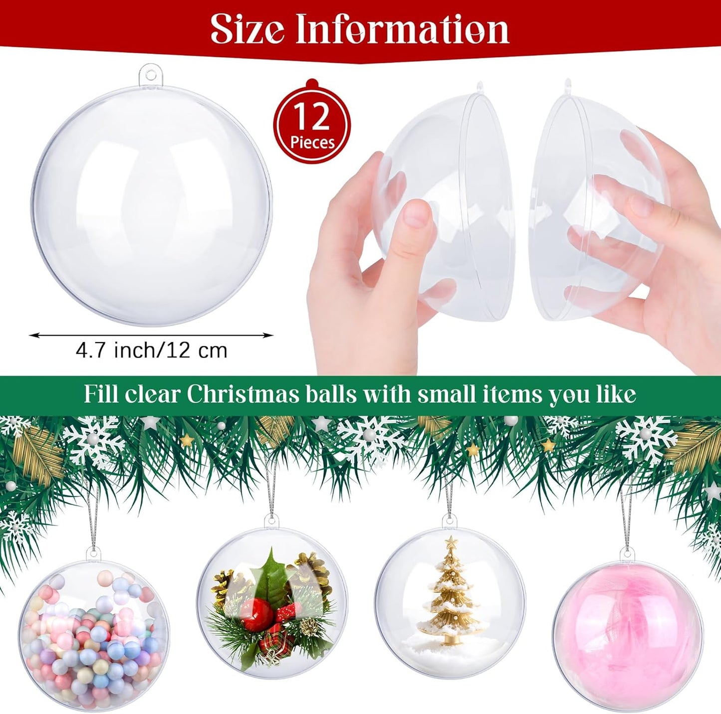 ANVAVO 12 Pieces 12 cm Christmas Clear Plastic Fillable Ball Ornaments DIY Craft Transparent Baubles Shatterproof Christmas Tree Hanging Ornaments for Xmas New Years Birthday Wedding Home Decor