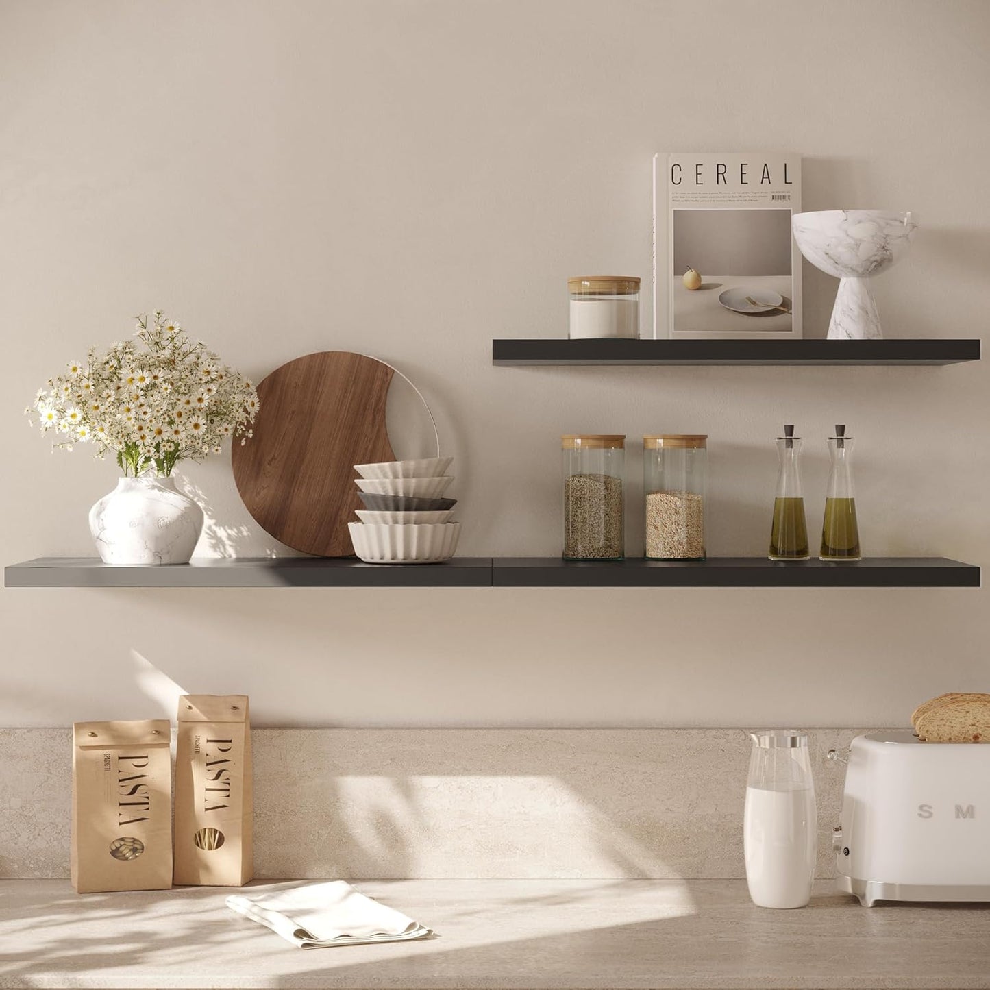Wall Shelf Set of 2, Black Floating Shelves 36 in W x 10 in D x 1 in H, Wooden Floating Wall Shelf with Invisible Brackets for Living Room/Bedroom/Bathroom/Kitchen Storage and Decor